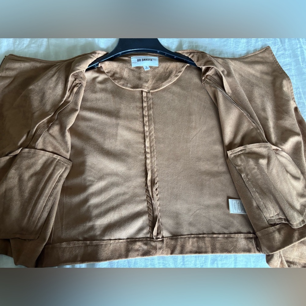 BB Dakota Brown/Tan Faux Suede Moto Style Jacket Sz S - Picture 5 of 6
